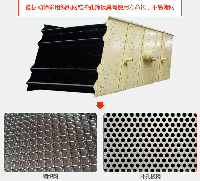 圓振動篩采用編織網(wǎng)或沖孔篩板具有使用壽命長,不易堵網(wǎng)。