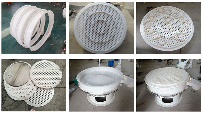 塑料防腐旋振篩配件：振動(dòng)篩底座，篩框，防塵蓋，篩網(wǎng)，振動(dòng)電機(jī)座。